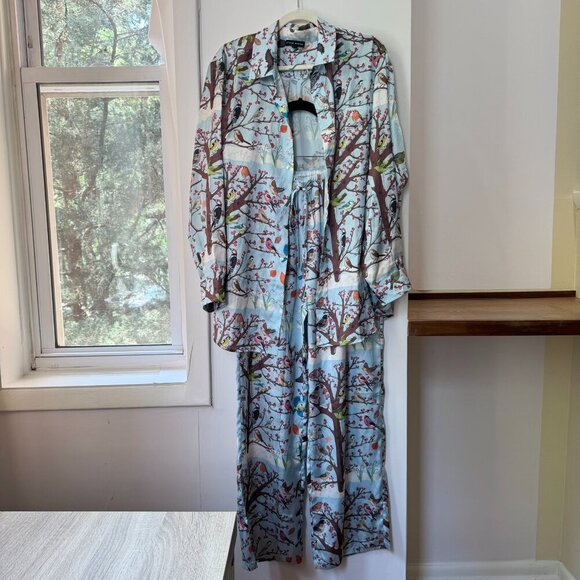 NWT Karen Mabon Winter Birds Satin Pajama Set Button Down Top + Pants Large - Picture 13 of 14
